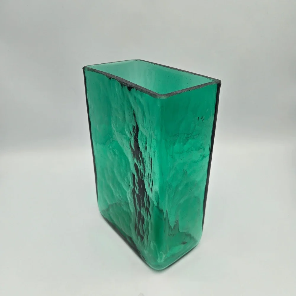 Vintage Early Blenko 3732 Pillow Vase Sea Green Textured Rectangular Art Glass